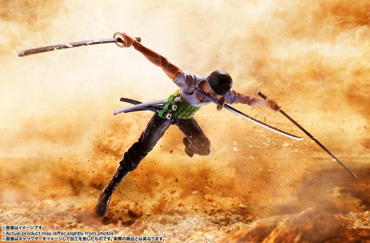 Action-packed scene with a warrior in mid-air, wielding multiple swords against a fiery background. One Piece: Roronoa Zoro (Romance Dawn Ver.) Authentic S.H. Figuarts Fully Articulated Action Figure by Bandai Spirits 