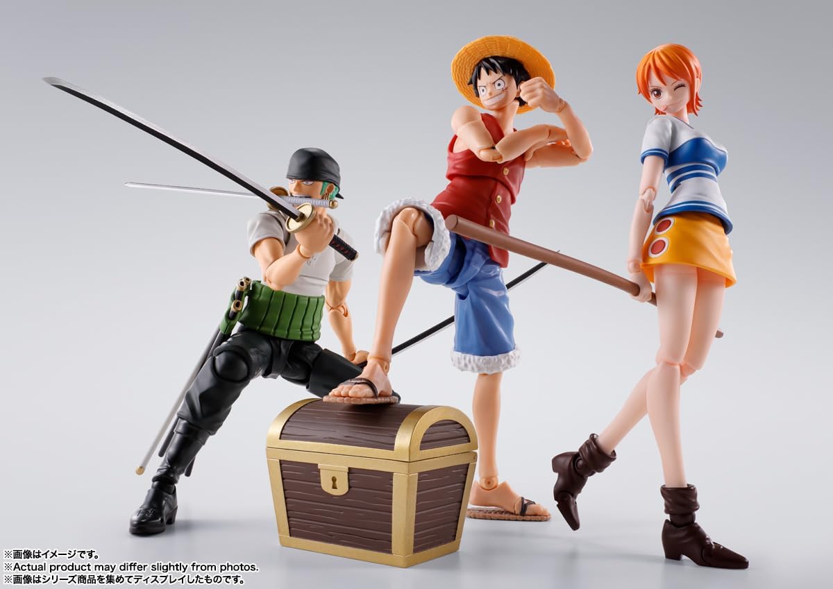 Three animated character figurines on a white background One Piece: Roronoa Zoro (Romance Dawn Ver.) Authentic S.H. Figuarts Fully Articulated Action Figure by Bandai Spirits