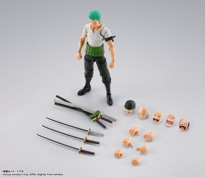 Action figure with accessories on a gray background One Piece: Roronoa Zoro (Romance Dawn Ver.) Authentic S.H. Figuarts Fully Articulated Action Figure by Bandai Spirits set