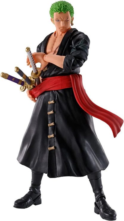 Action figure of a character with green hair and a red scarf holding swords on a white background One Piece: Roronoa Zoro (The Raid on Onigashima Ver.) Authentic S.H. Figuarts Fully Articulated Action Figure by Bandai Spirits