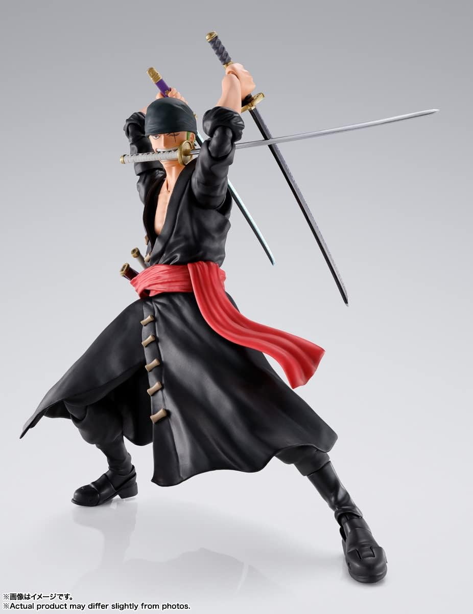 Action figure of a warrior with two swords on a gray background One Piece: Roronoa Zoro (The Raid on Onigashima Ver.) Authentic S.H. Figuarts Fully Articulated Action Figure by Bandai Spirits