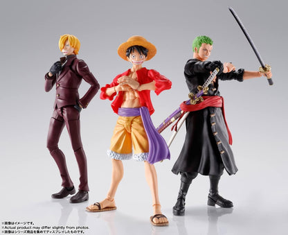 Three action figures standing side by side on a gray background One Piece: Roronoa Zoro (The Raid on Onigashima Ver.) Authentic S.H. Figuarts Fully Articulated Action Figure by Bandai Spirits