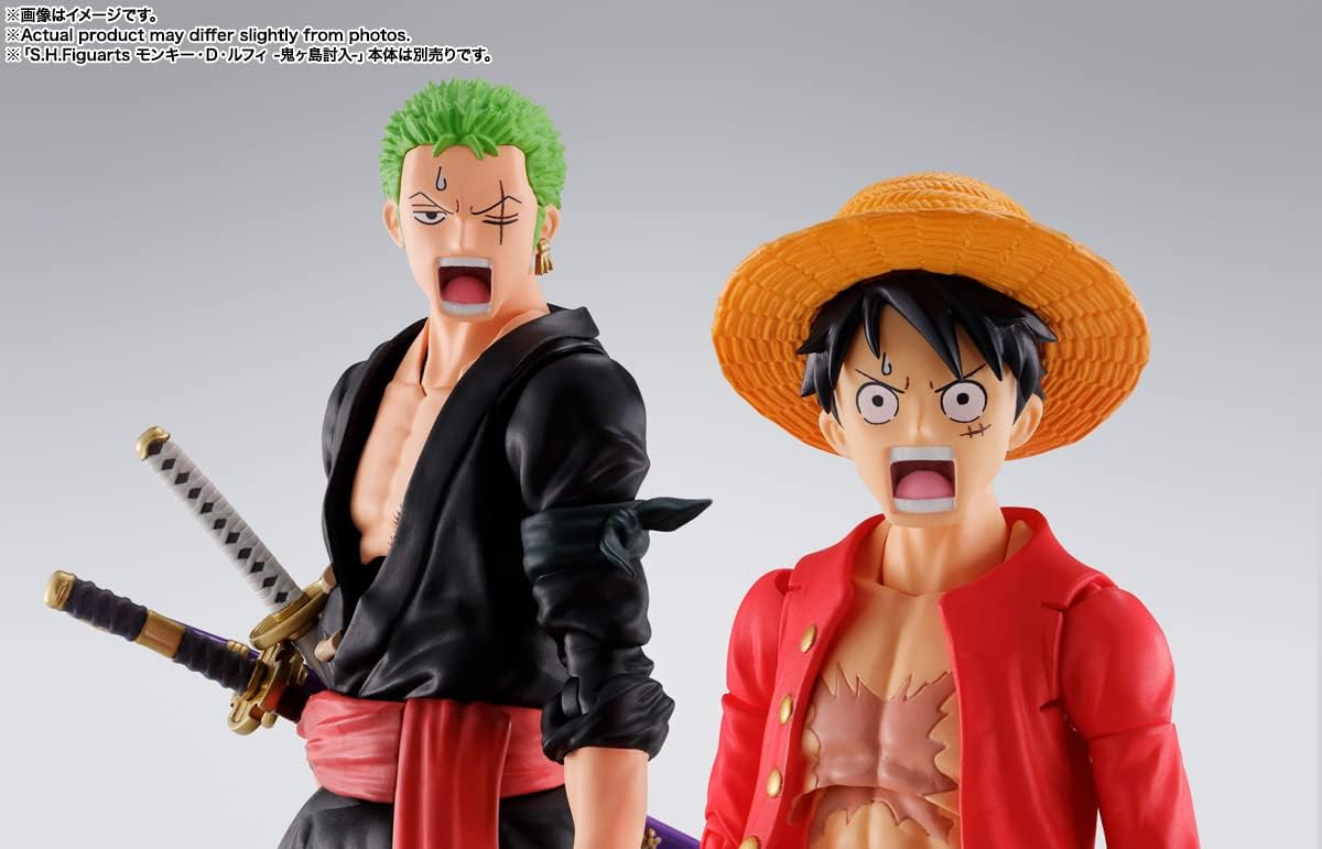 Two action figures of characters from a popular anime series on a gray background One Piece: Roronoa Zoro (The Raid on Onigashima Ver.) Authentic S.H. Figuarts Fully Articulated Action Figure by Bandai Spirits