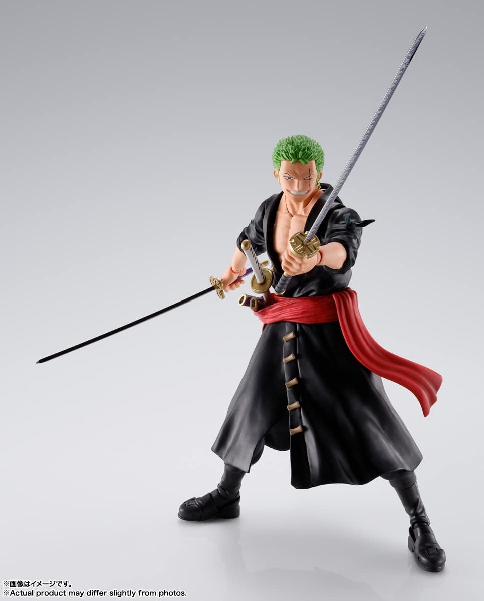Action figure of a character from a popular anime series on a gray background One Piece: Roronoa Zoro (The Raid on Onigashima Ver.) Authentic S.H. Figuarts Fully Articulated Action Figure by Bandai Spirits