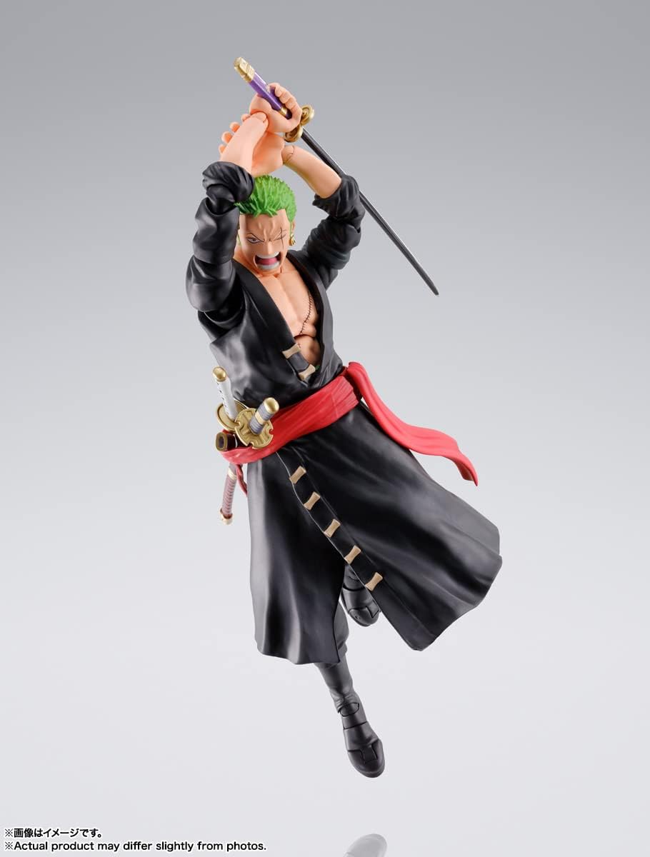 Action figure of a character from a popular anime series on a gray background One Piece: Roronoa Zoro (The Raid on Onigashima Ver.) Authentic S.H. Figuarts Fully Articulated Action Figure by Bandai Spirits