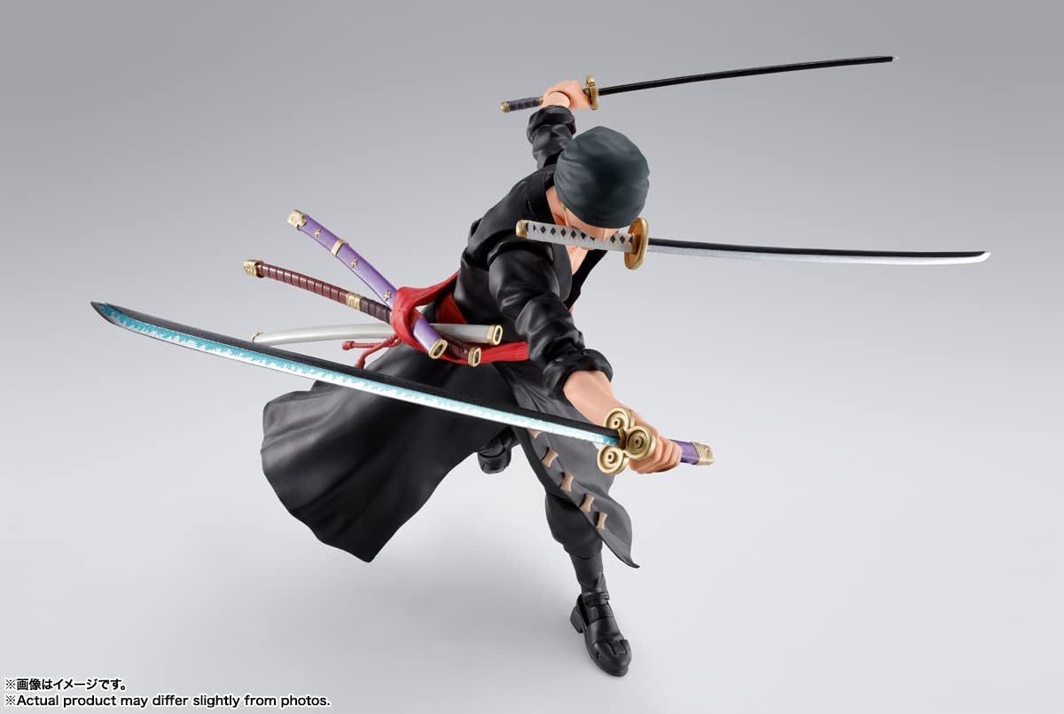 Action figure of a warrior with multiple swords on a gray background One Piece: Roronoa Zoro (The Raid on Onigashima Ver.) Authentic S.H. Figuarts Fully Articulated Action Figure by Bandai Spirits
