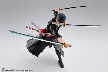Action figure of a warrior with multiple swords on a gray background One Piece: Roronoa Zoro (The Raid on Onigashima Ver.) Authentic S.H. Figuarts Fully Articulated Action Figure by Bandai Spirits