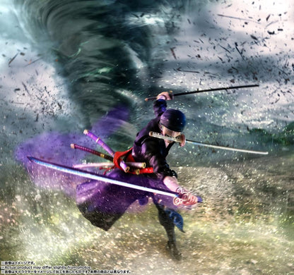 Character in a dynamic pose with a sword, surrounded by swirling energy or wind. One Piece: Roronoa Zoro (The Raid on Onigashima Ver.) Authentic S.H. Figuarts Fully Articulated Action Figure by Bandai Spirits