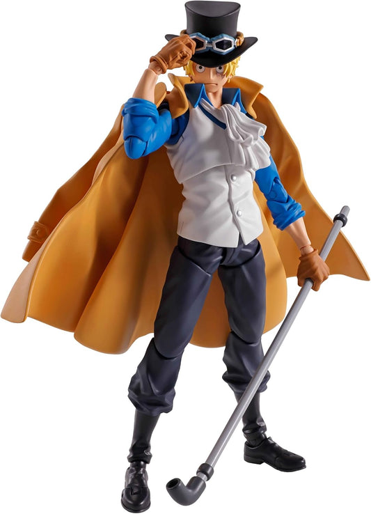 Action figure with a cape and top hat on a white background One Piece: Sabo (Revolutionary Army Chief of Staff Ver.) Authentic S.H. Figuarts Fully Articulated Action Figure by Bandai Spirits