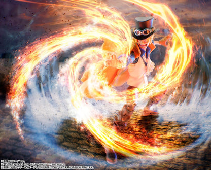Character in a top hat surrounded by swirling energy effects One Piece: Sabo (Revolutionary Army Chief of Staff Ver.) Authentic S.H. Figuarts Fully Articulated Action Figure by Bandai Spirits 