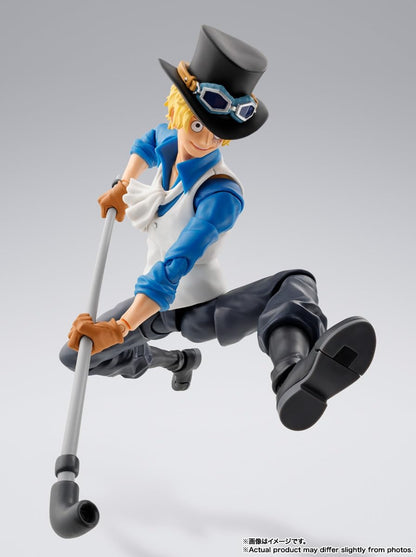 Action figure of a character from an anime or manga on a gray background One Piece: Sabo (Revolutionary Army Chief of Staff Ver.) Authentic S.H. Figuarts Fully Articulated Action Figure by Bandai Spirits