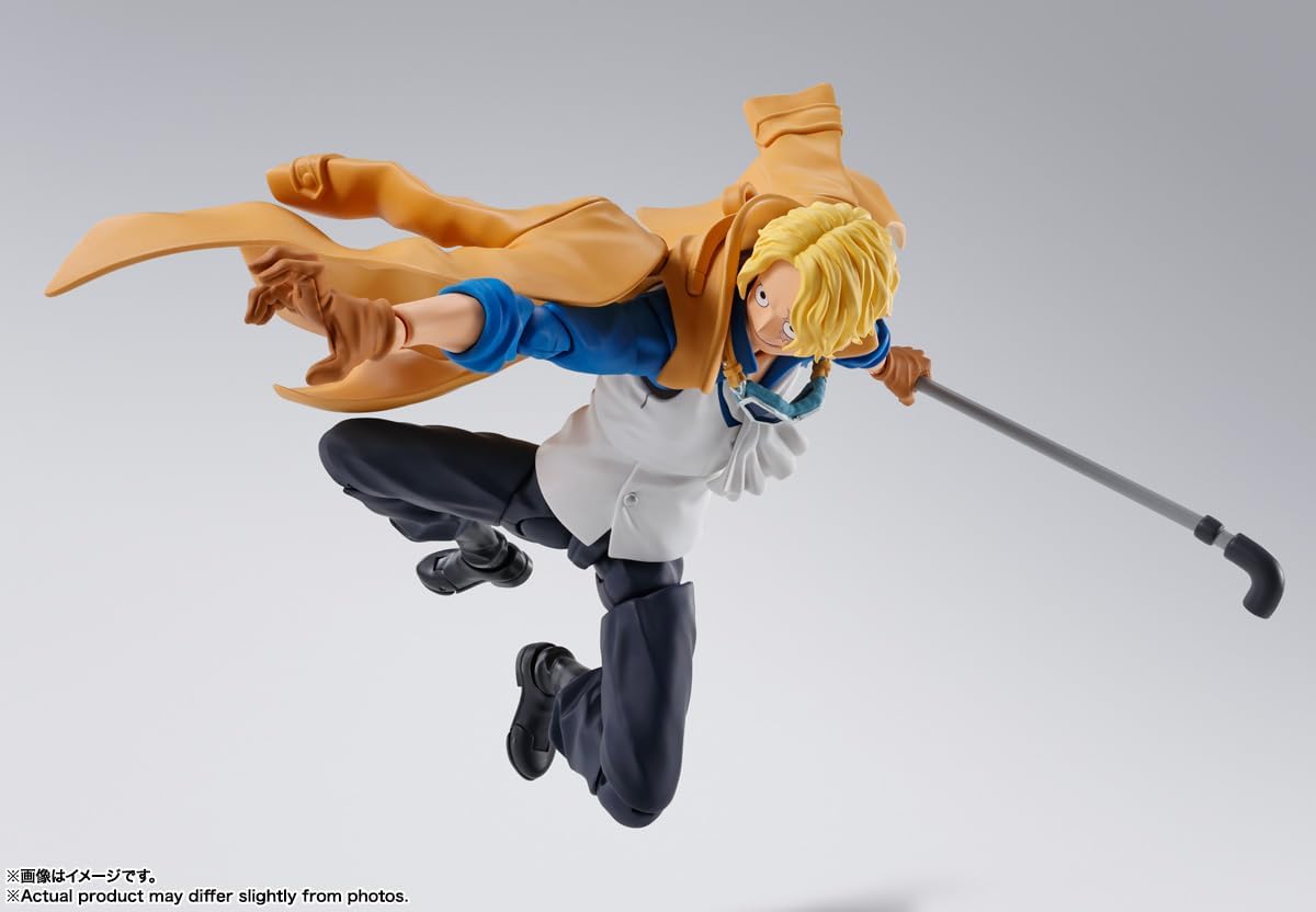 Action figure in mid-air pose with a white background One Piece: Sabo (Revolutionary Army Chief of Staff Ver.) Authentic S.H. Figuarts Fully Articulated Action Figure by Bandai Spirits