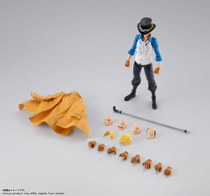 Action figure with interchangeable parts on a gray background One Piece: Sabo (Revolutionary Army Chief of Staff Ver.) Authentic S.H. Figuarts Fully Articulated Action Figure by Bandai Spirits