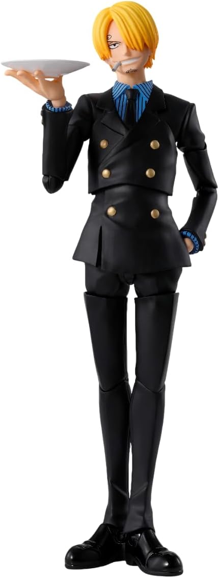 Figure in a black suit with gold buttons holding a white plate on a white background One Piece: Sanji (Romance Dawn Ver.) Authentic S.H. Figuarts Fully Articulated Action Figure by Bandai Spirits