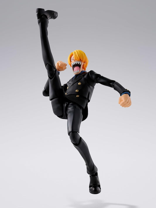 Action figure in dynamic pose on a gray background One Piece: Sanji (Romance Dawn Ver.) Authentic S.H. Figuarts Fully Articulated Action Figure by Bandai Spirits