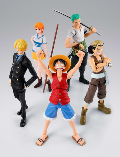Collection of animated character action figures on a gray background One Piece: Sanji (Romance Dawn Ver.) Authentic S.H. Figuarts Fully Articulated Action Figure by Bandai Spirits