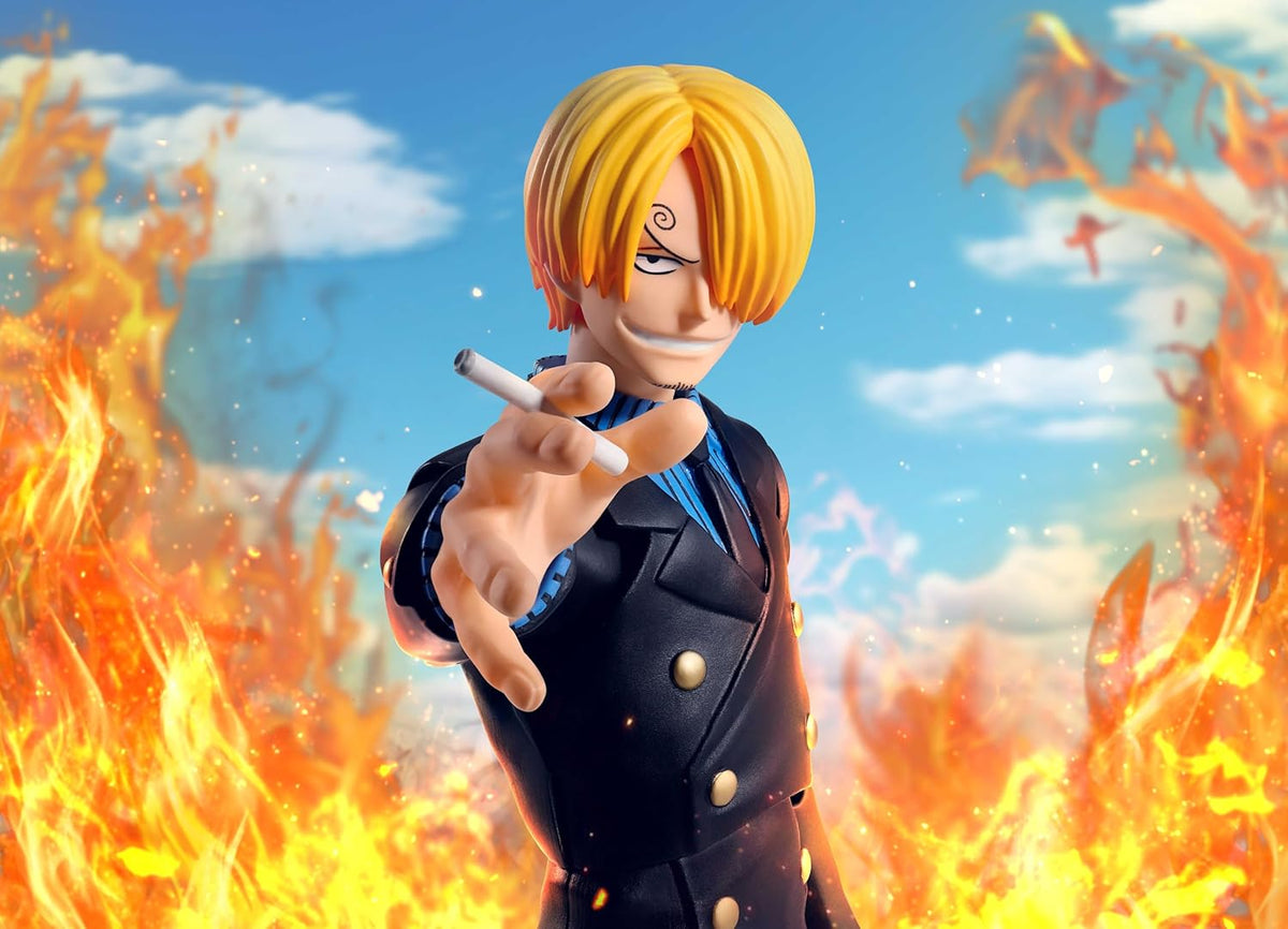 Animated character with a cigarette surrounded by flames and a blue sky. One Piece: Sanji (Romance Dawn Ver.) Authentic S.H. Figuarts Fully Articulated Action Figure by Bandai Spirits