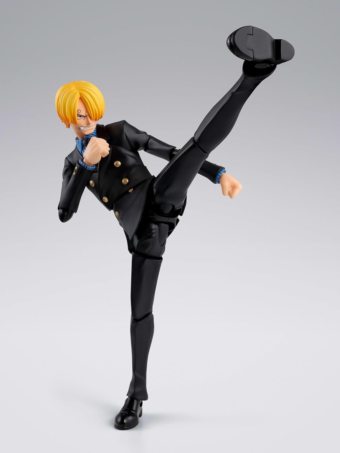 Action figure in a dynamic pose on a gray background One Piece: Sanji (Romance Dawn Ver.) Authentic S.H. Figuarts Fully Articulated Action Figure by Bandai Spirits