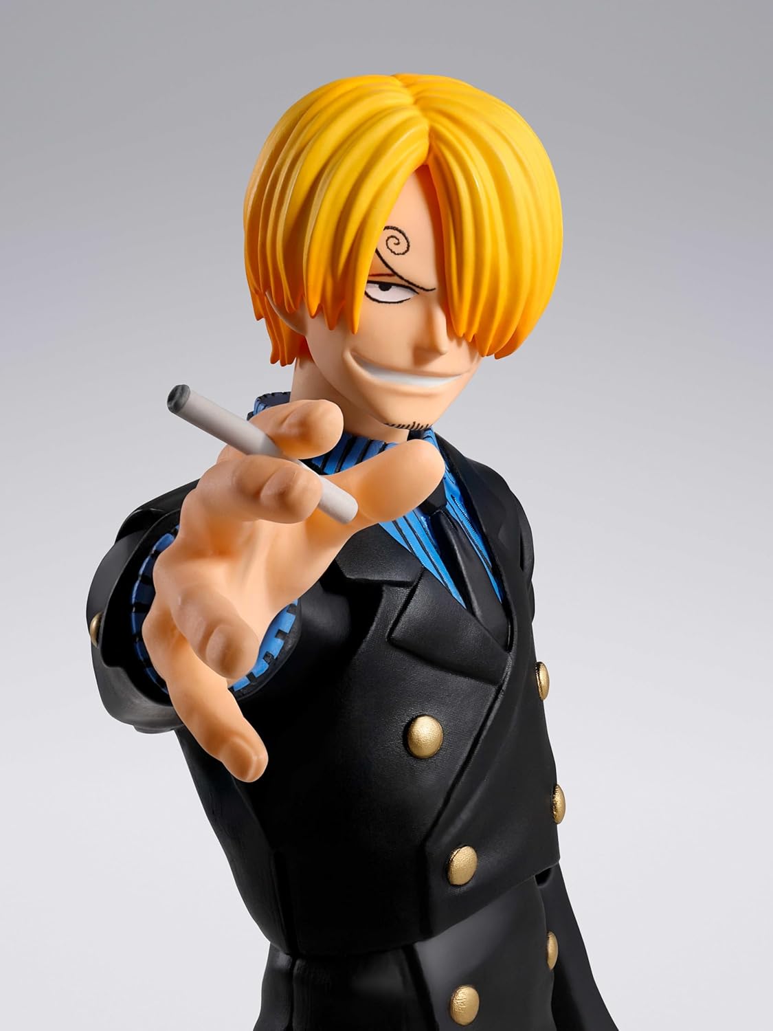 Action figure with yellow hair and black outfit on a gray background One Piece: Sanji (Romance Dawn Ver.) Authentic S.H. Figuarts Fully Articulated Action Figure by Bandai Spirits