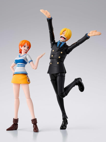 Two animated character figurines on a gray background One Piece: Sanji (Romance Dawn Ver.) Authentic S.H. Figuarts Fully Articulated Action Figure by Bandai Spirits