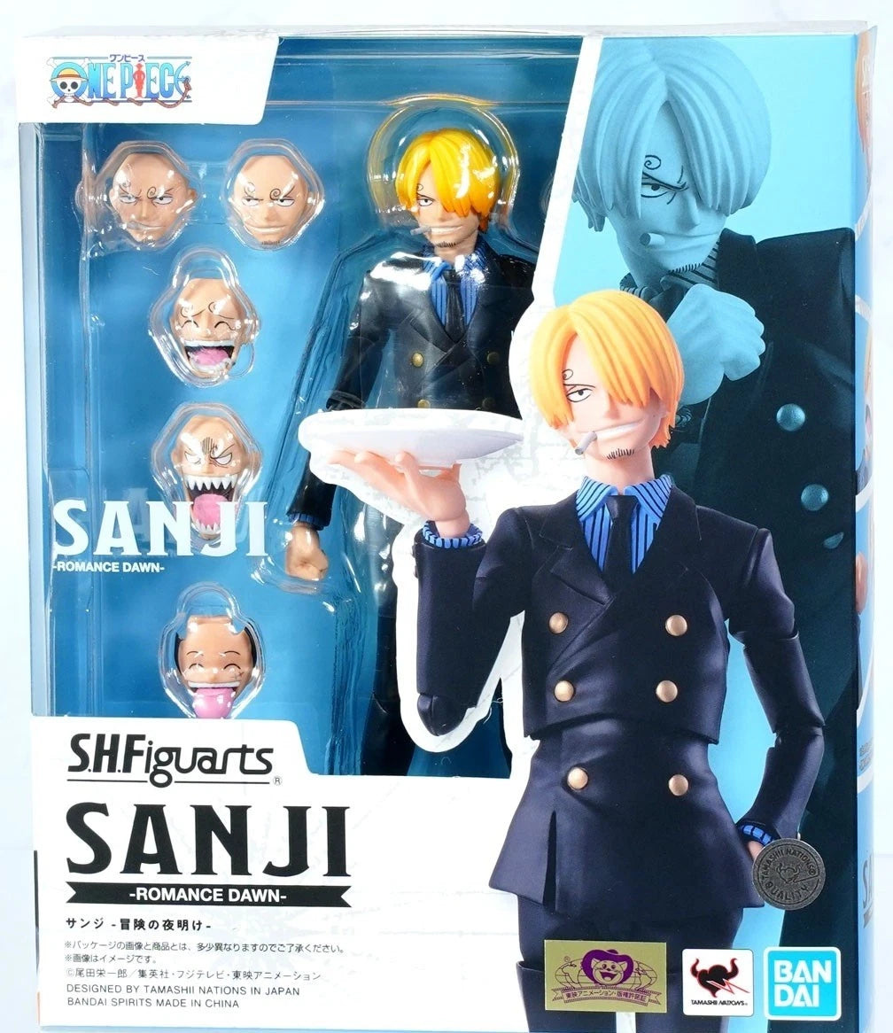 SHFiguarts Sanji figure packaging with character faces on a blue background One Piece: Sanji (Romance Dawn Ver.) Authentic S.H. Figuarts Fully Articulated Action Figure by Bandai Spirits