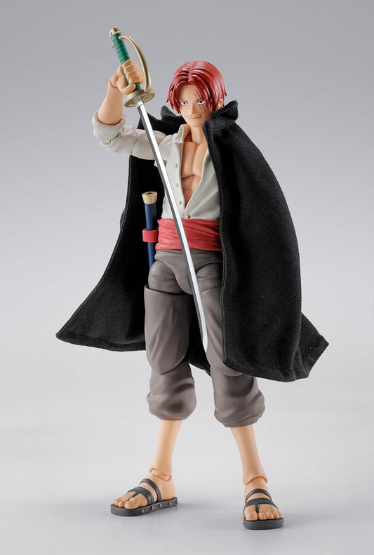 Action figure of a character with red hair and a sword on a gray background One Piece: Shanks & Monkey D. Luffy (Childhood Ver.) Authentic S.H. Figuarts Fully Articulated Twin-Pack Action Figure Set by Bandai Spirits