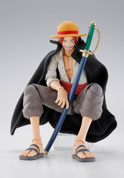 Action figure of a character from a popular anime series holding a large sword on a gray background One Piece: Shanks & Monkey D. Luffy (Childhood Ver.) Authentic S.H. Figuarts Fully Articulated Twin-Pack Action Figure Set by Bandai Spirits