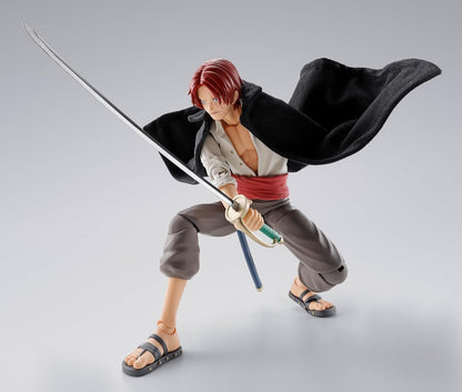 Action figure with red hair and a sword on a gray background One Piece: Shanks & Monkey D. Luffy (Childhood Ver.) Authentic S.H. Figuarts Fully Articulated Twin-Pack Action Figure Set by Bandai Spirits