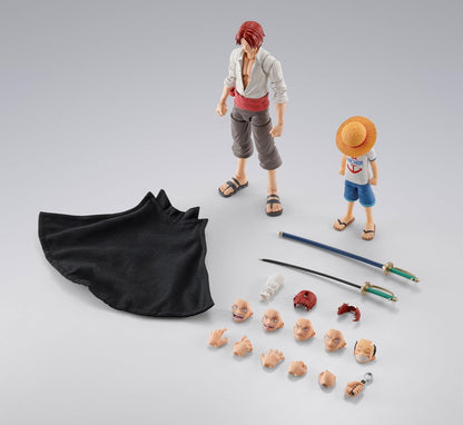 Action figure set with multiple parts on a gray background One Piece: Shanks & Monkey D. Luffy (Childhood Ver.) Authentic S.H. Figuarts Fully Articulated Twin-Pack Action Figure Set by Bandai Spirits