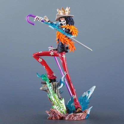 Colorful figurine of a character with a cane and crown on a gray background One Piece: "Soul King" Brook Deluxe 12.99-Inch Premium PVC Exhibition Scale Statue (Soul Solid Ice Blade Edition)