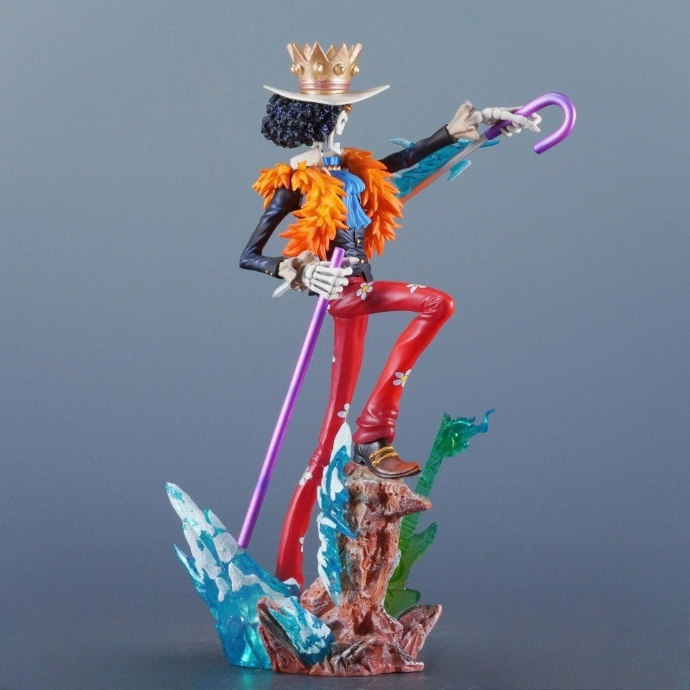 Colorful figurine with a purple cane on a gray background One Piece: "Soul King" Brook Deluxe 12.99-Inch Premium PVC Exhibition Scale Statue (Soul Solid Ice Blade Edition)