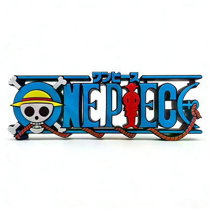 One Piece logo with character illustrations on a white background One Piece: Straw Hat Pirates Jolly Roger 3D Printed Standing Logo Sign – Premium 15cm Desktop Display & Media Shelf Anchor