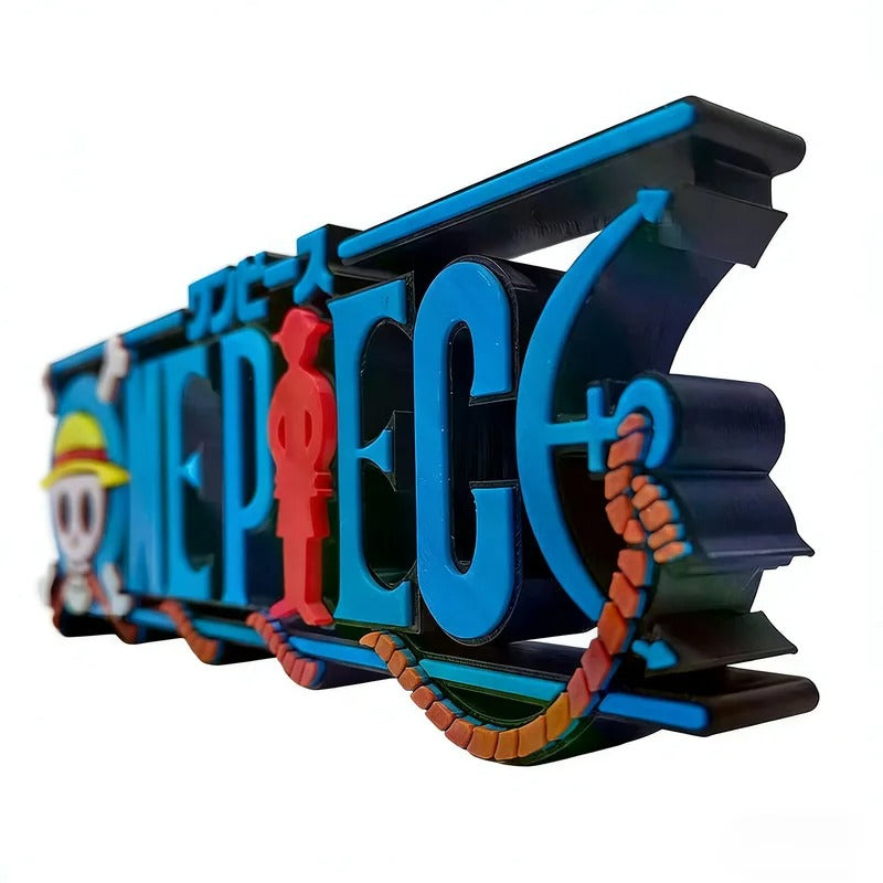 Colorful 'One Piece' logo with character illustrations on a white background One Piece: Straw Hat Pirates Jolly Roger 3D Printed Standing Logo Sign – Premium 15cm Desktop Display & Media Shelf Anchor