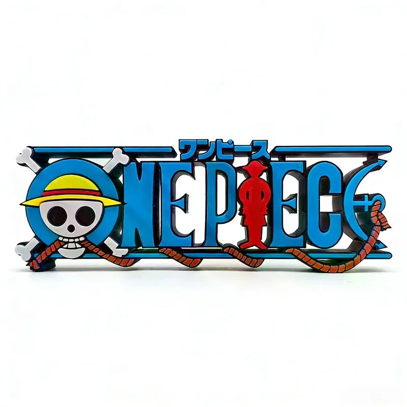 One Piece logo with character illustrations on a white background One Piece: Straw Hat Pirates Jolly Roger 3D Printed Standing Logo Sign – Premium 15cm Desktop Display & Media Shelf Anchor