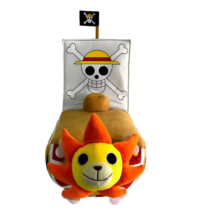 Plush toy with a pirate-themed ship and skull and crossbones flag on a white background One Piece: Thousand Sunny Authentic 10-Inch Premium Luxury Vessel Plush