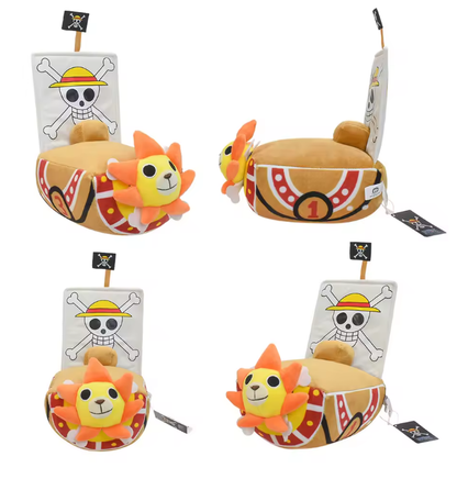 Plush resembling a shipfrom a popular anime, each on a white card with a skull and crossbones design. One Piece: Thousand Sunny Authentic 10-Inch Premium Luxury Vessel Plush