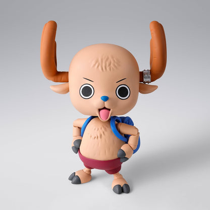 Toy figure with large horns and a blue strap on a gray background One Piece: Tony Tony Chopper (Drum Island Ver.) Authentic S.H. Figuarts Fully Articulated Action Figure by Bandai Spirits