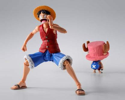 Two action figures, one larger and one smaller, on a gray background One Piece: Tony Tony Chopper (Drum Island Ver.) Authentic S.H. Figuarts Fully Articulated Action Figure by Bandai Spirits