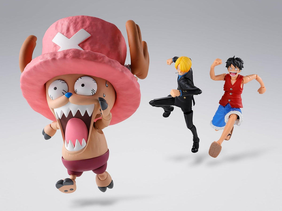 Three action figures of anime characters on a gray background One Piece: Tony Tony Chopper (Drum Island Ver.) Authentic S.H. Figuarts Fully Articulated Action Figure by Bandai Spirits