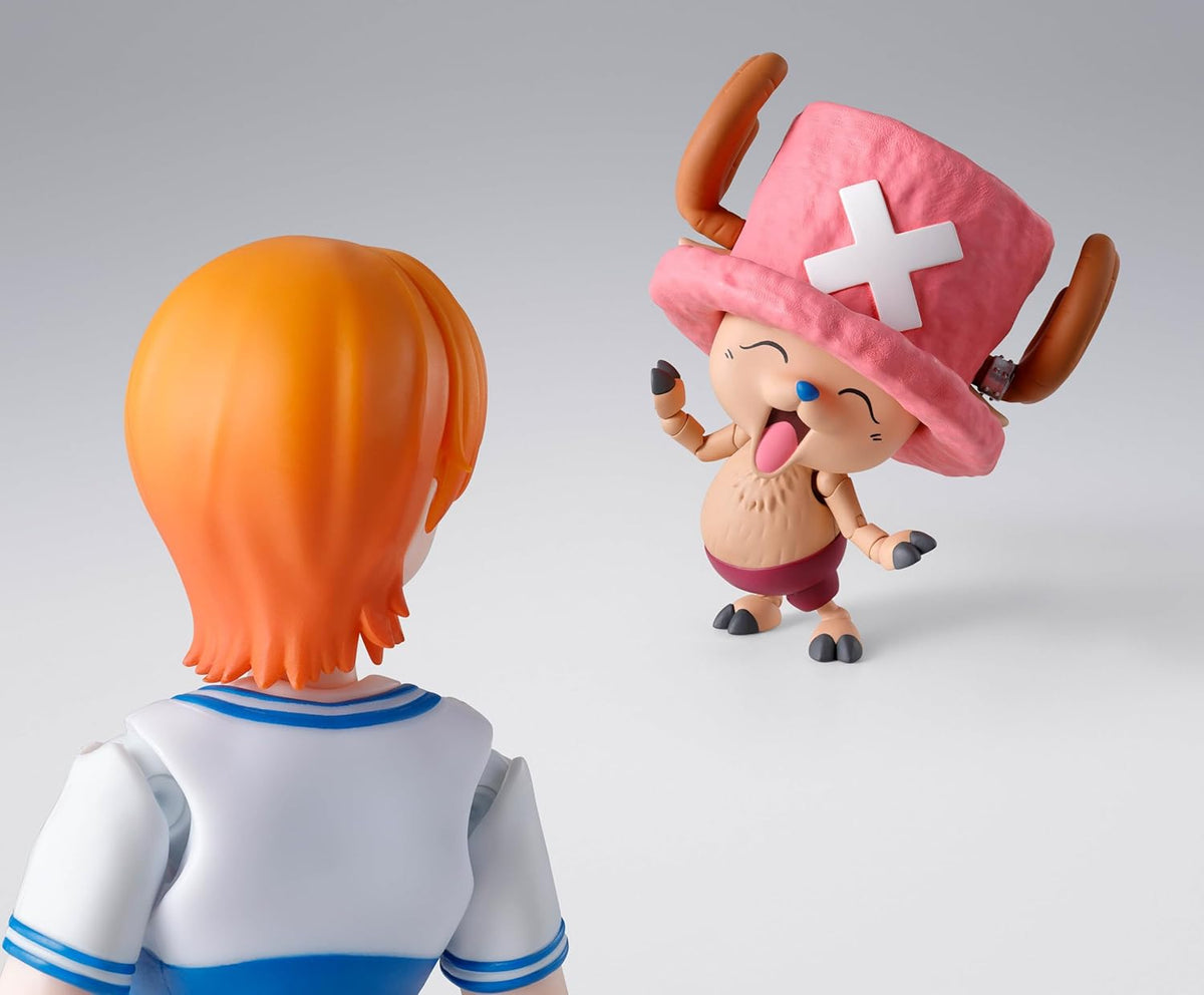 Two animated character figurines facing each other on a gray background One Piece: Tony Tony Chopper (Drum Island Ver.) Authentic S.H. Figuarts Fully Articulated Action Figure by Bandai Spirits