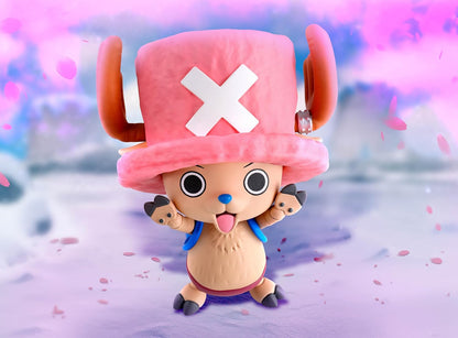 Toy figure with a pink hat and wide eyes on a colorful background One Piece: Tony Tony Chopper (Drum Island Ver.) Authentic S.H. Figuarts Fully Articulated Action Figure by Bandai Spirits