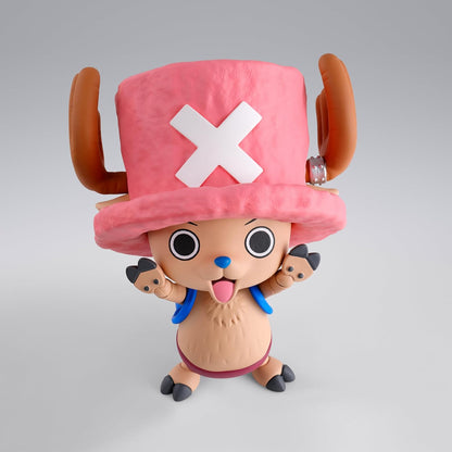 Toy figure with a pink hat featuring a white 'X' on a gray background One Piece: Tony Tony Chopper (Drum Island Ver.) Authentic S.H. Figuarts Fully Articulated Action Figure by Bandai Spirits