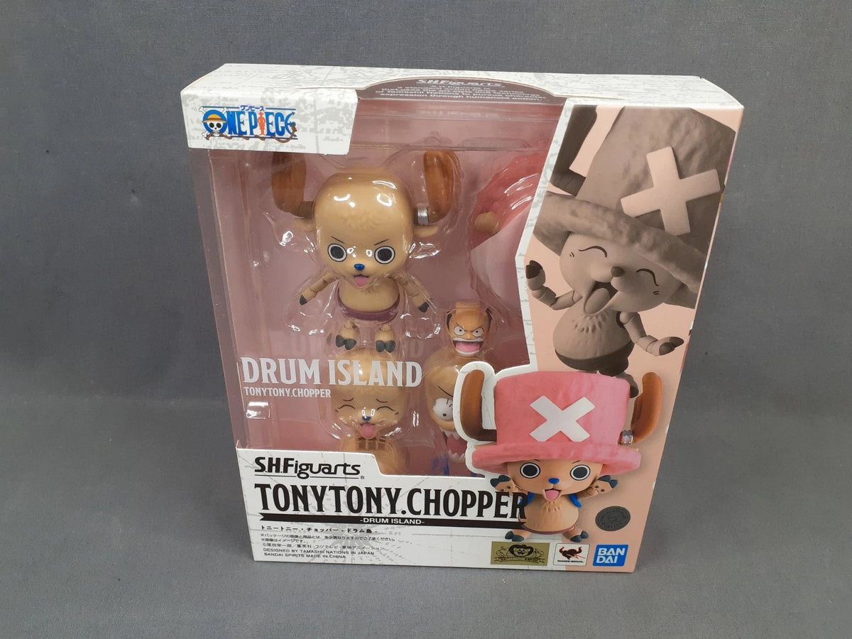 SH Figuarts Tony Tony Chopper toy figure packaging on a gray background One Piece: Tony Tony Chopper (Drum Island Ver.) Authentic S.H. Figuarts Fully Articulated Action Figure by Bandai Spirits