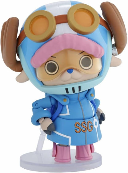 Animated character figurine with a blue coat and goggles on a white background One Piece: Tony Tony Chopper (Future Island Egghead Ver.) Authentic S.H. Figuarts Fully Articulated Action Figure by Bandai Spirits