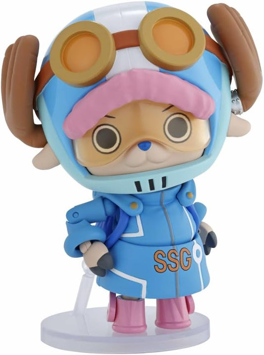Animated character figurine with a blue coat and goggles on a white background One Piece: Tony Tony Chopper (Future Island Egghead Ver.) Authentic S.H. Figuarts Fully Articulated Action Figure by Bandai Spirits