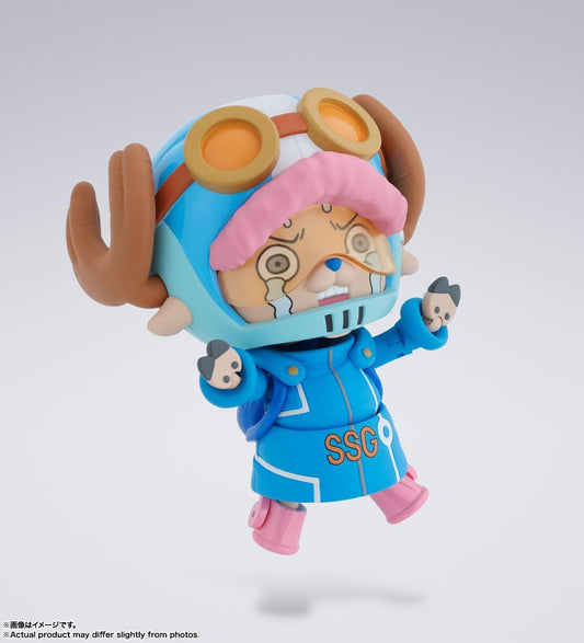 Toy figure of a character in a blue outfit with pink accents on a white background One Piece: Tony Tony Chopper (Future Island Egghead Ver.) Authentic S.H. Figuarts Fully Articulated Action Figure by Bandai Spirits