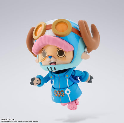 Toy figure of a character in a blue outfit with goggles on a white background One Piece: Tony Tony Chopper (Future Island Egghead Ver.) Authentic S.H. Figuarts Fully Articulated Action Figure by Bandai Spirits