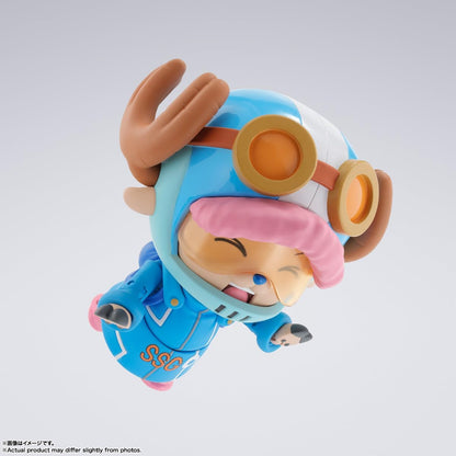 Toy figure of a character with goggles and blue outfit on a white background One Piece: Tony Tony Chopper (Future Island Egghead Ver.) Authentic S.H. Figuarts Fully Articulated Action Figure by Bandai Spirits