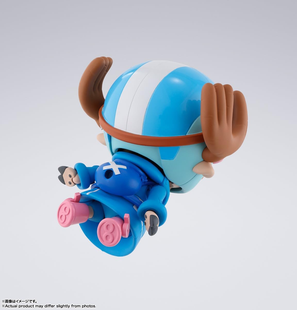Toy figure of a character with a blue and white striped hat and brown horns on a gray background One Piece: Tony Tony Chopper (Future Island Egghead Ver.) Authentic S.H. Figuarts Fully Articulated Action Figure by Bandai Spirits