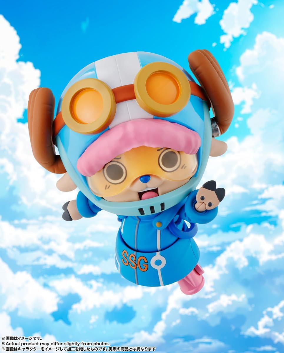 Toy figure of a character in a blue outfit with goggles against a cloudy sky background One Piece: Tony Tony Chopper (Future Island Egghead Ver.) Authentic S.H. Figuarts Fully Articulated Action Figure by Bandai Spirits